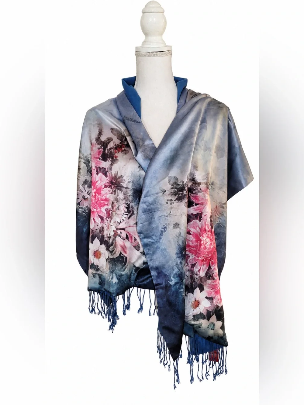 Story of Shanghai 100% Natural Mulberry Silk Floral Fringe Scarf Wrap OS NWT